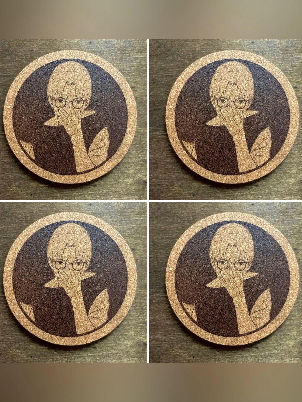 Naruto Kabuto Laser Engraved Cork Coasters Lot of 4